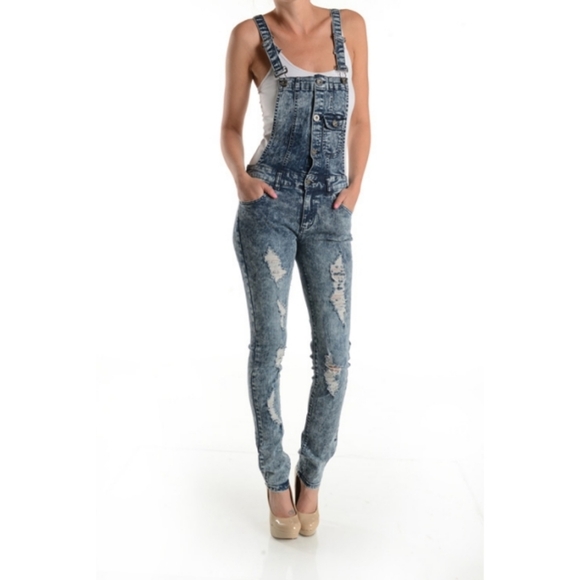 New Acid wash destroyed jean denim overall Dungree jumpsuit size Large - Picture 2 of 8